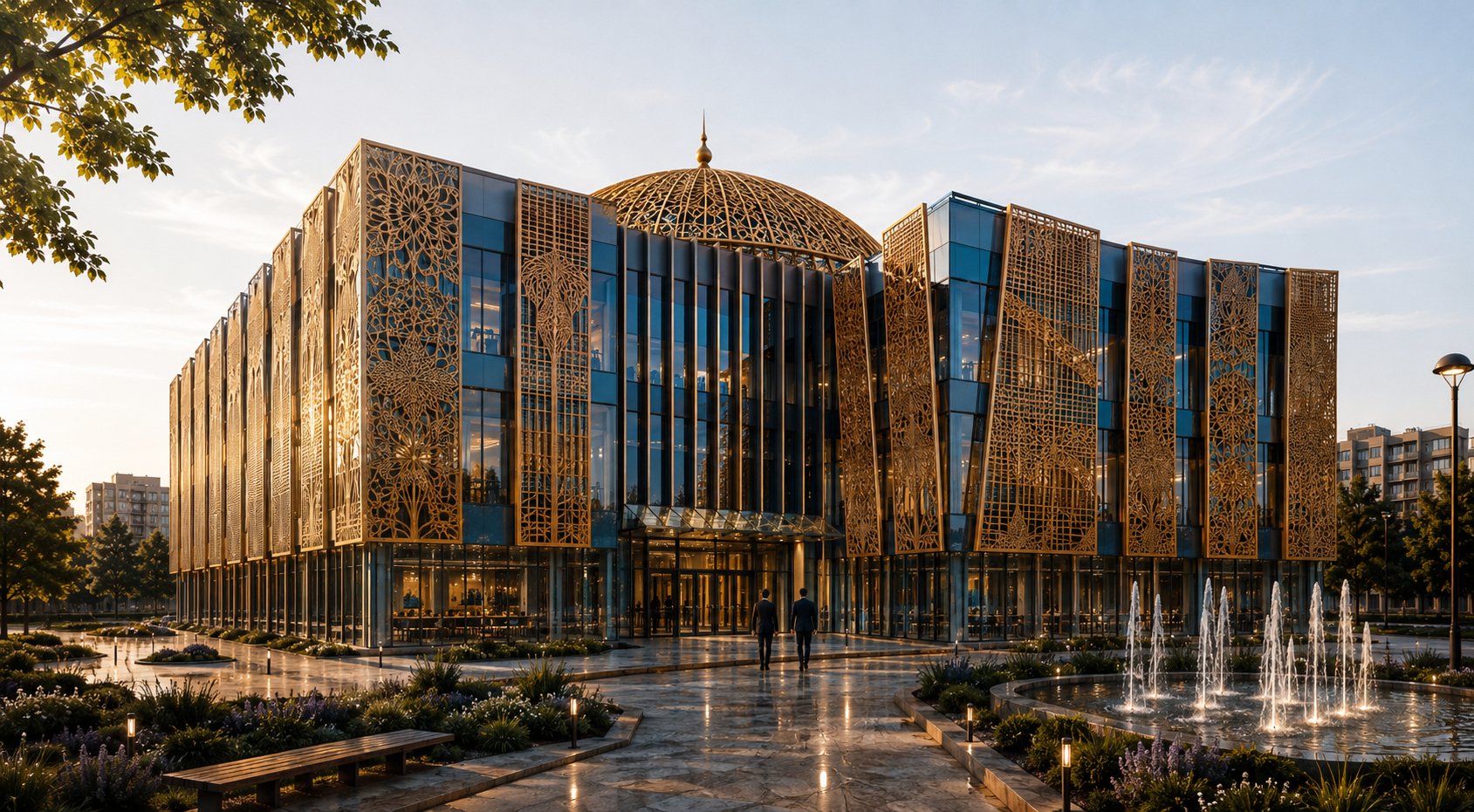 Фасад библиотеки и культурного центра, облицовка травертином
